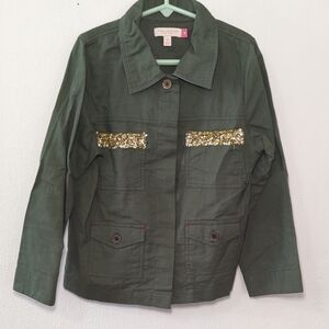 Pink Chicken Green Army Jacket with Gold Sequin Detail, Elbow Patches Size 8Y